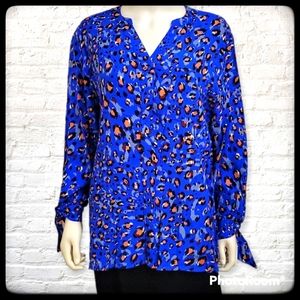 FOR THE REPUBLIC Royal Blue Leopard Print Tie Sleeve Cuff Blouse